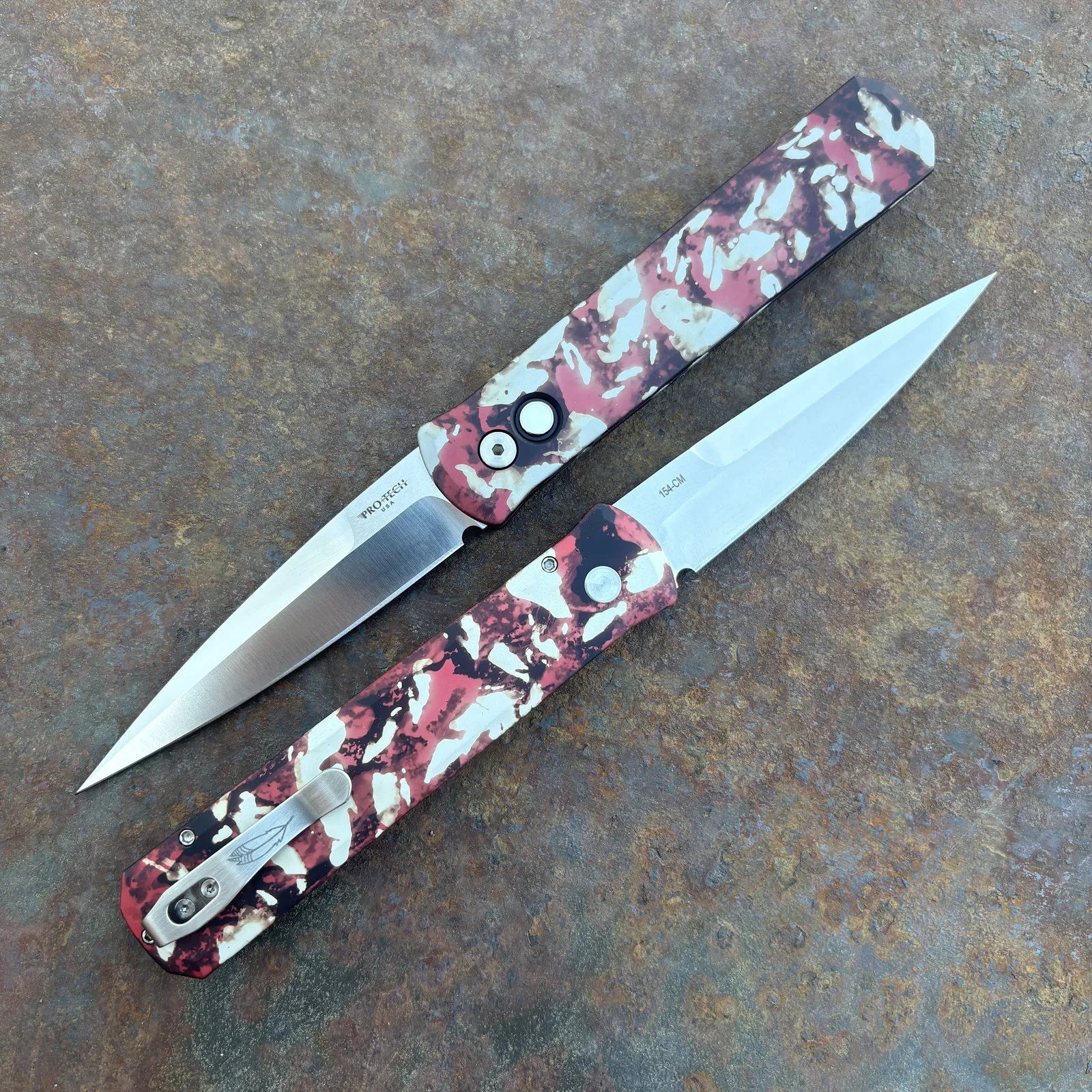 Pro-Tech Godfather Auto Crimson Tiger Camo Aluminum Satin 154CM Blade Folding Knife by Lynch Northwest