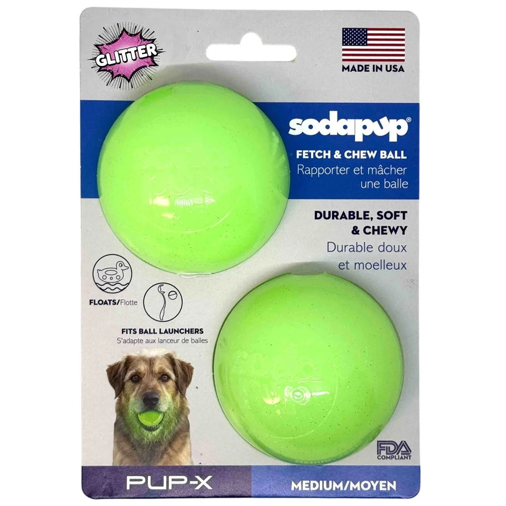 Green Glitter Ball 2-Pack Dog Toy | Soft PUP-X Rubber Floating Fetch Ball with Treat Dispenser | USA Made by SodaPup