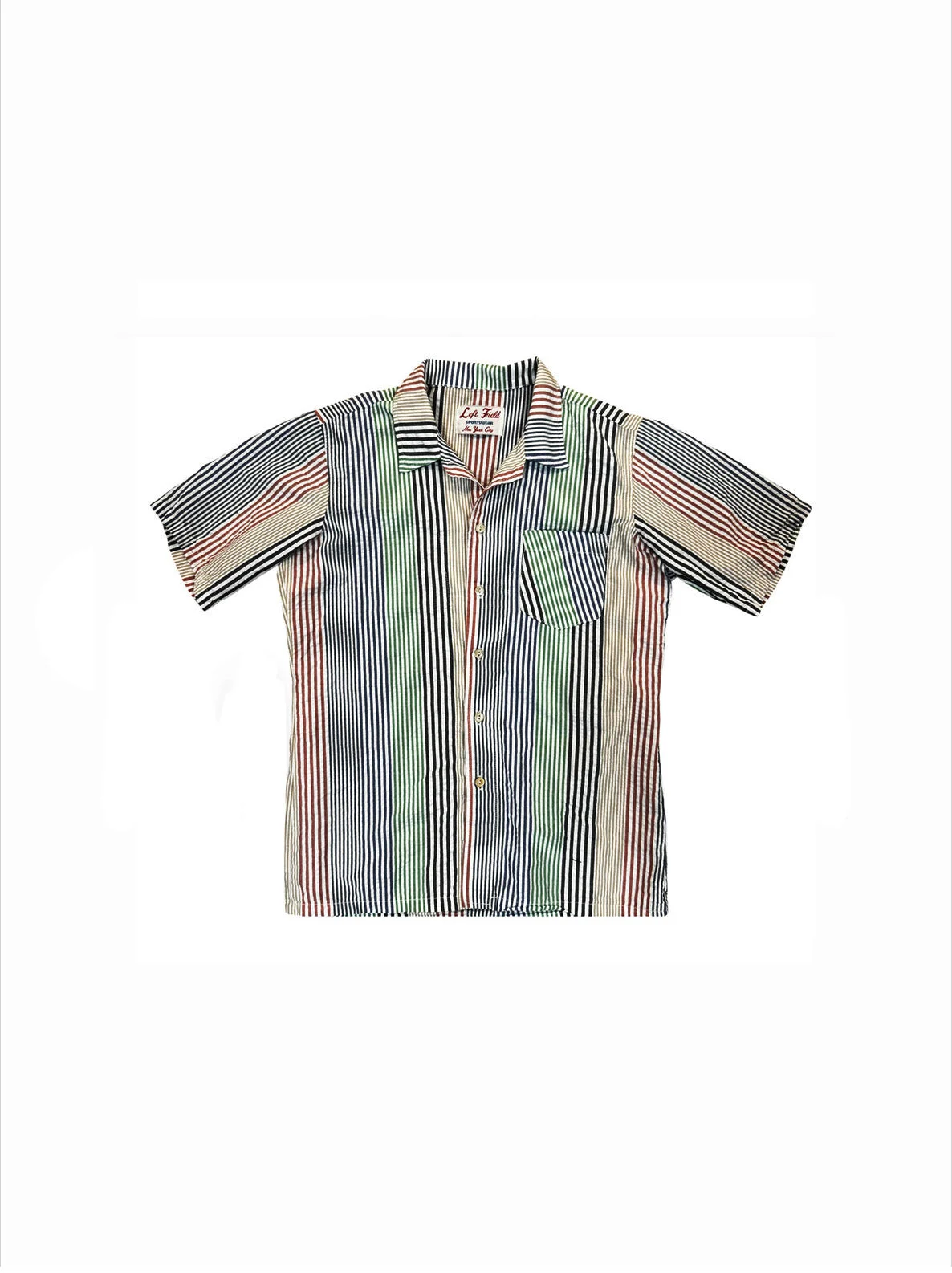Classic 90's Japanese cotton seersucker stripe crazy shirt w/ Trocus Pearl cat's eye buttons. by Left Field NYC
