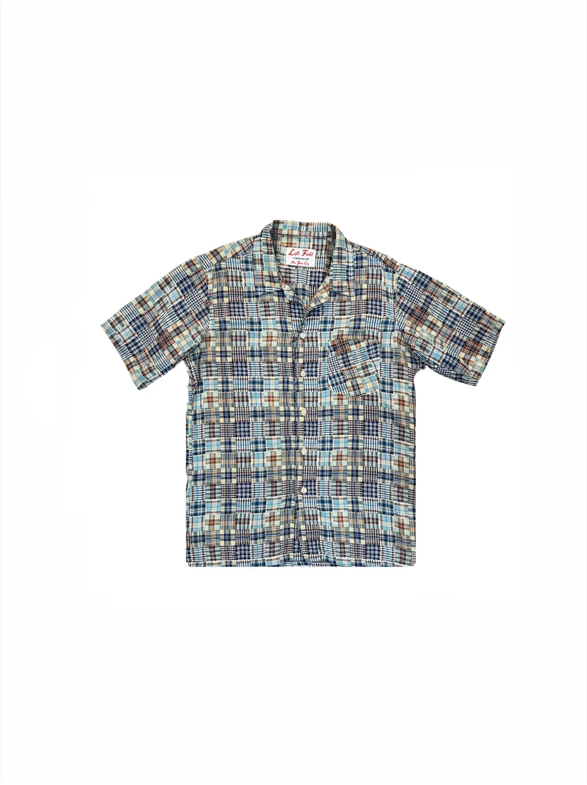 Japanese woven Madras plaid patch camp shirt with Trocus Pearl buttons by Left Field NYC