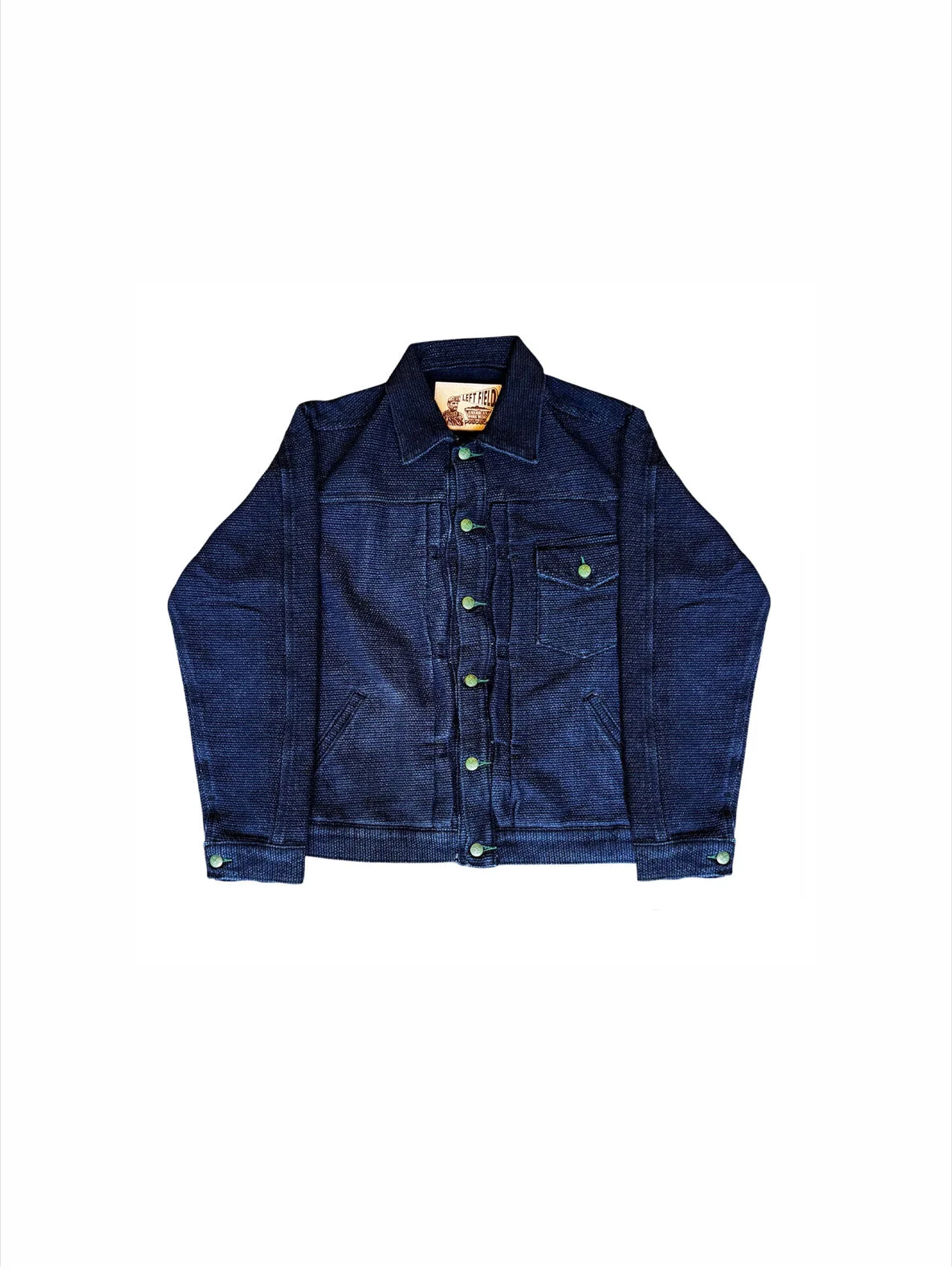 Japanese 18 oz Sashiko Indigo Muleskinner Buckle Back Denim Jacket by Left Field NYC