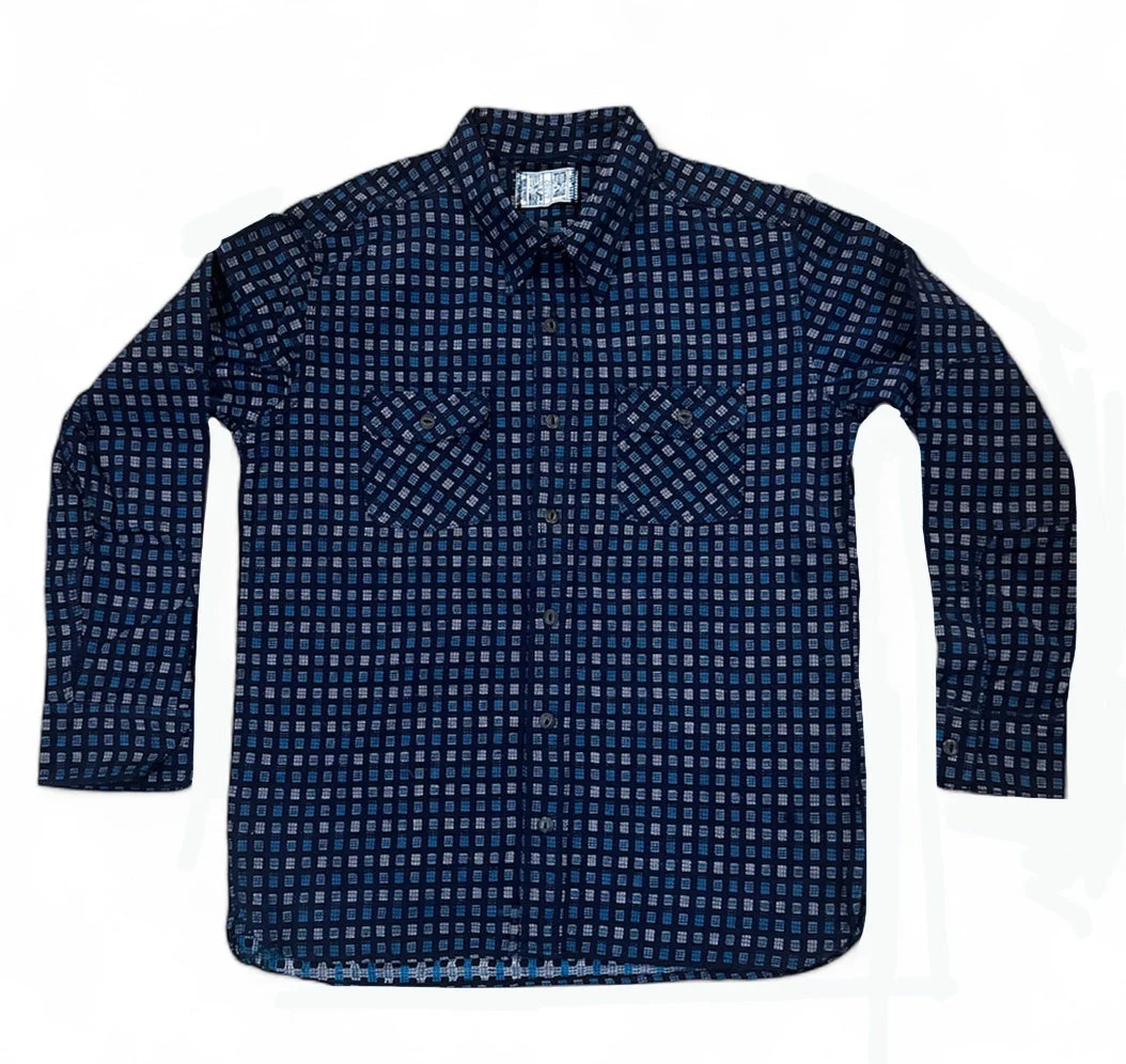 Hanten aqua and white Jacquard check Indigo Farmer Cloth work shirt. by Left Field NYC