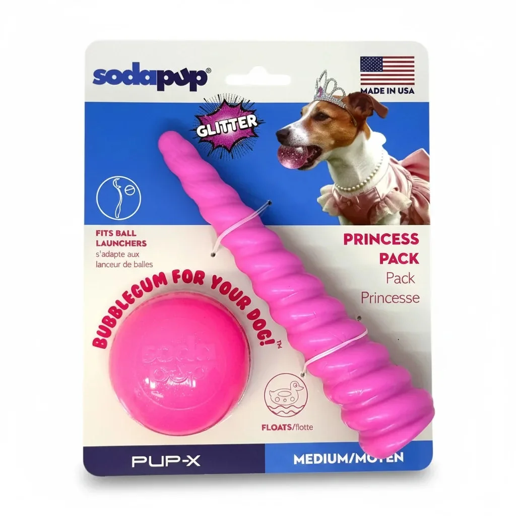 Princess Pack 2-Pack Dog Toy | Pink Glitter Ball + Unicorn Horn Chew Toy | USA Made by SodaPup