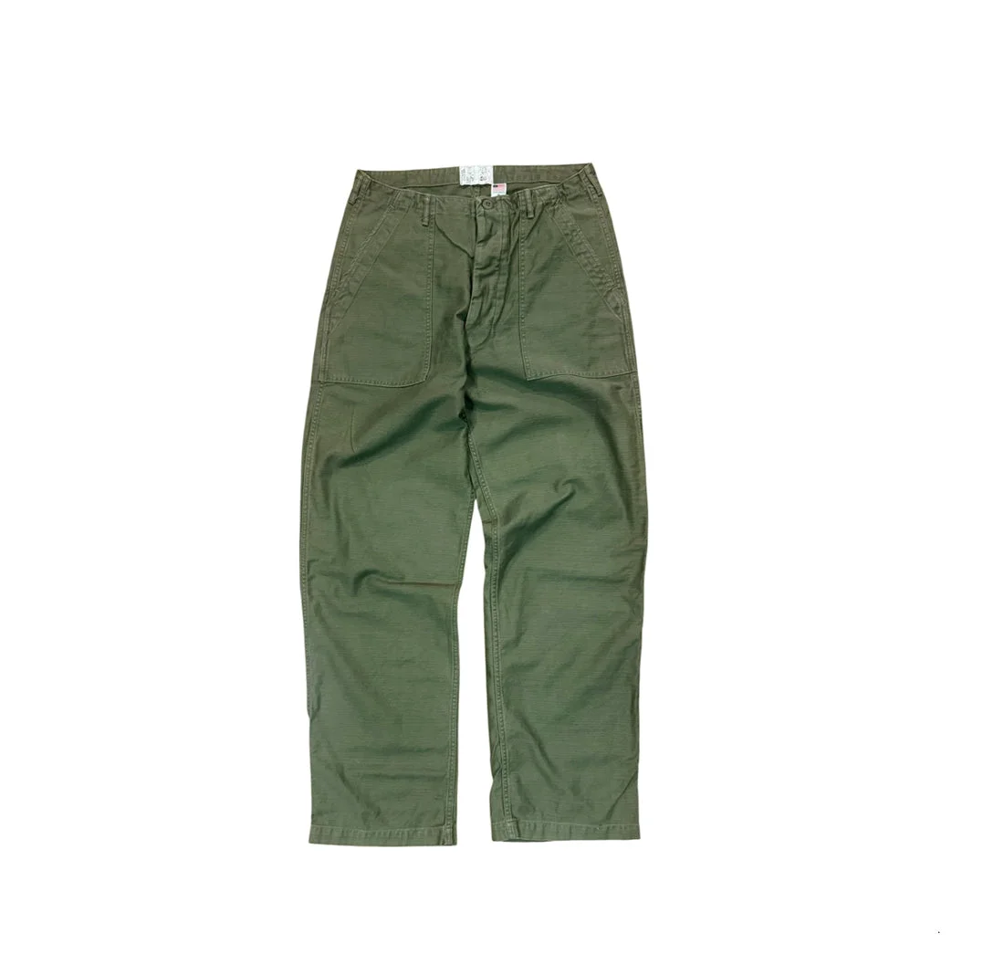 OG-107 60's era GI chinos in 12 oz West Point Olive Baker Back Cotton Satin by Left Field NYC
