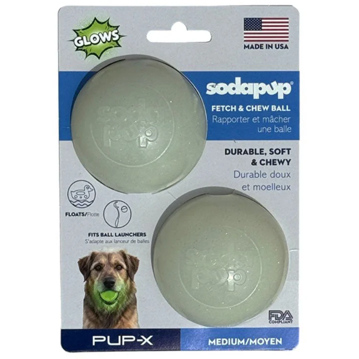 Glow in the Dark Glitter Ball 2-Pack Dog Toy | Soft PUP-X Rubber Floating Fetch Ball with Treat Dispenser | USA Made by SodaPup