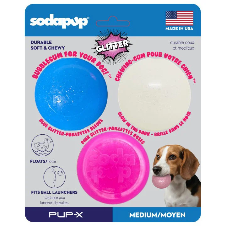 Glitter Ball 3-Pack Dog Toy | Soft PUP-X Rubber Floating Fetch Ball with Treat Dispenser | USA Made by SodaPup