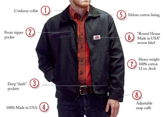 NO LONGER MADE #1816 American Made Jacket 12 oz. Black Duck 'Oklahoma' Front Zipper Pocket Jacket Made in USA by Round House