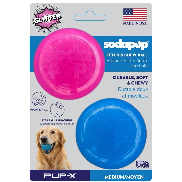 Pink & Blue Glitter Ball 2-Pack Dog Toy | Soft PUP-X Rubber Floating Fetch Ball with Treat Dispenser | USA Made (Copy) by SodaPup