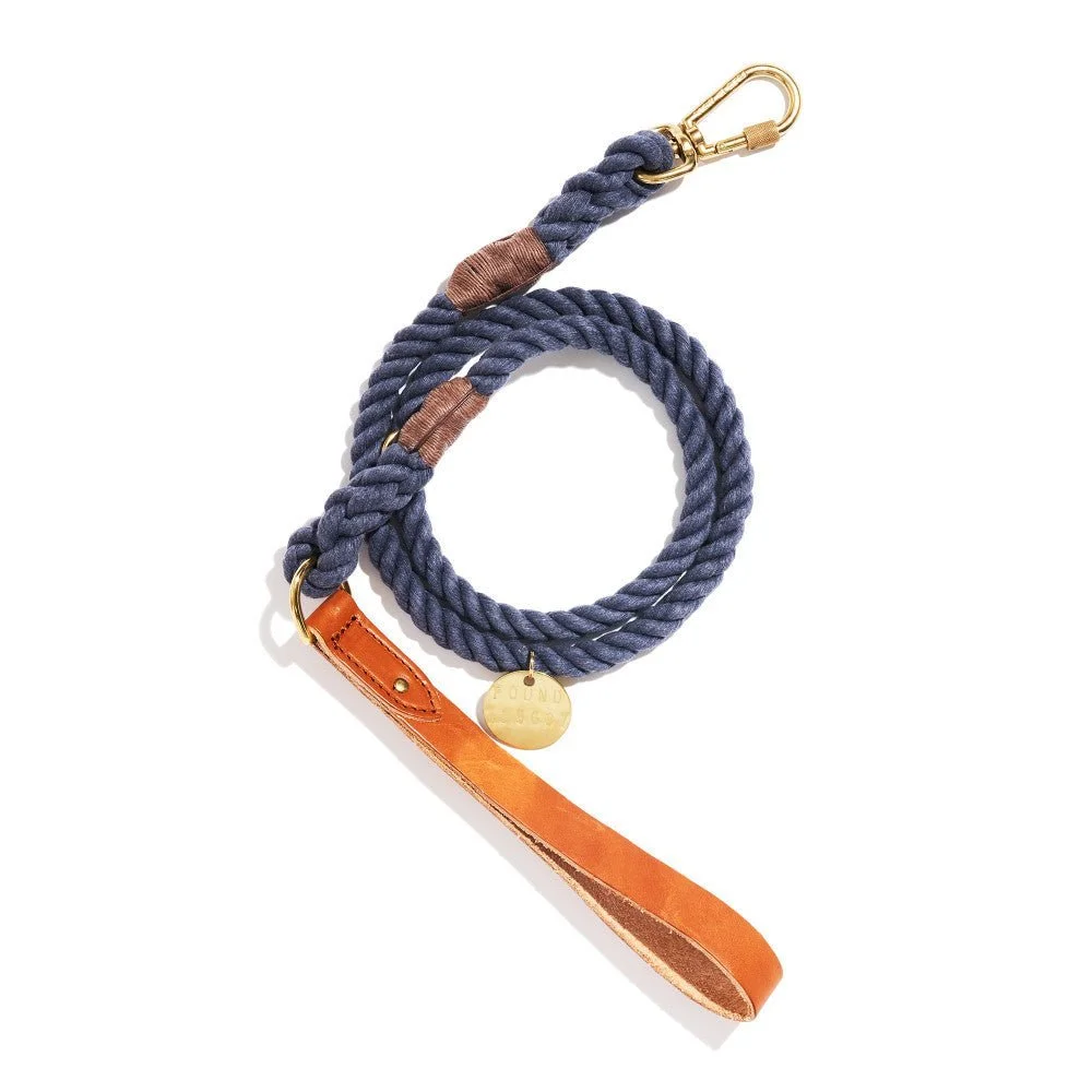 Up-Cycled Blue Jean Rope Leash, Standard Tan Leather Handle by Found My Animal