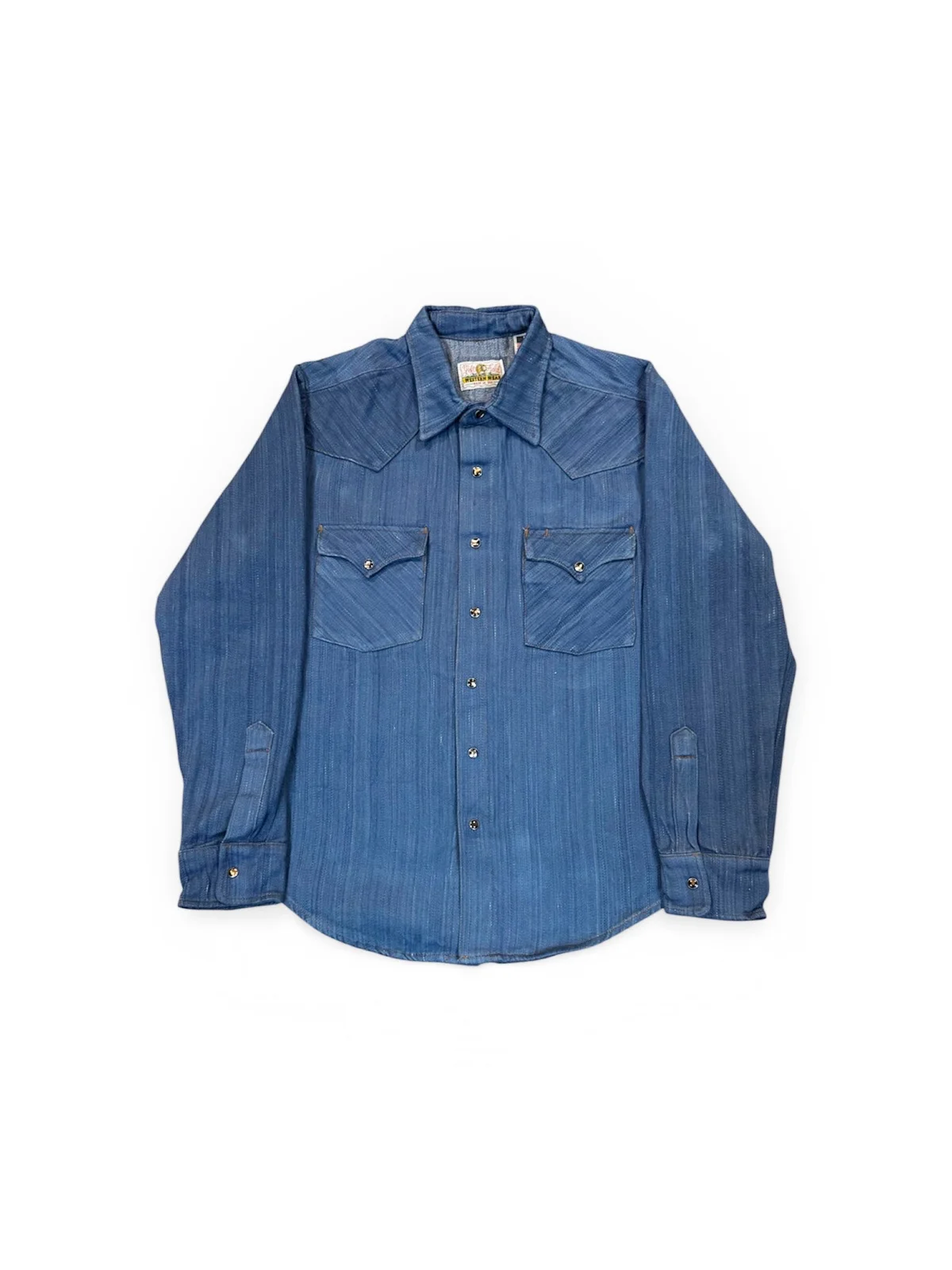 Hand loomed hank dyed Natural indigo Western selvedge denim shirt with brown Trocus Pearl snaps by Left Field NYC