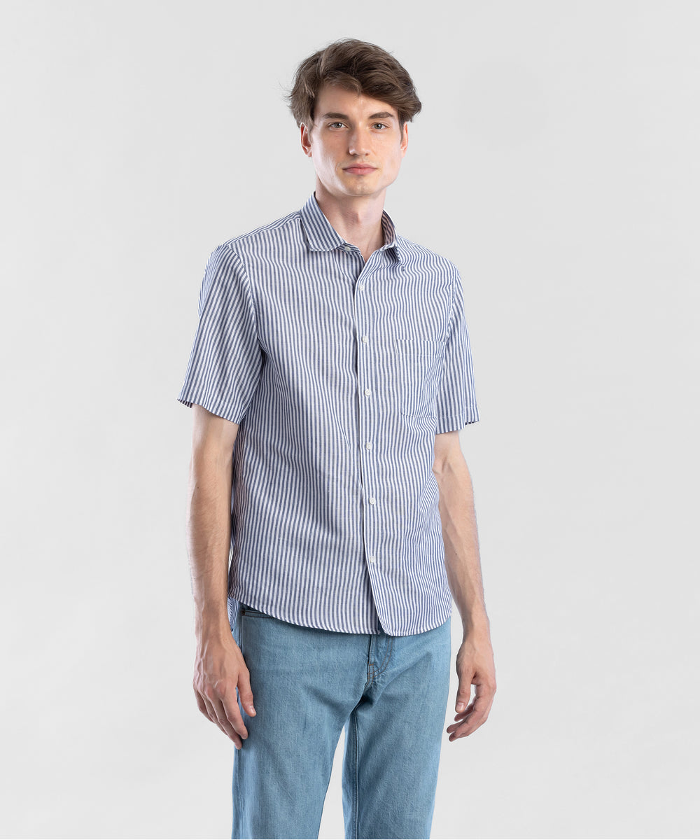Hemp 130 Navy stripe Men's Short Sleeve Button-up Shirt by Todd Shelton